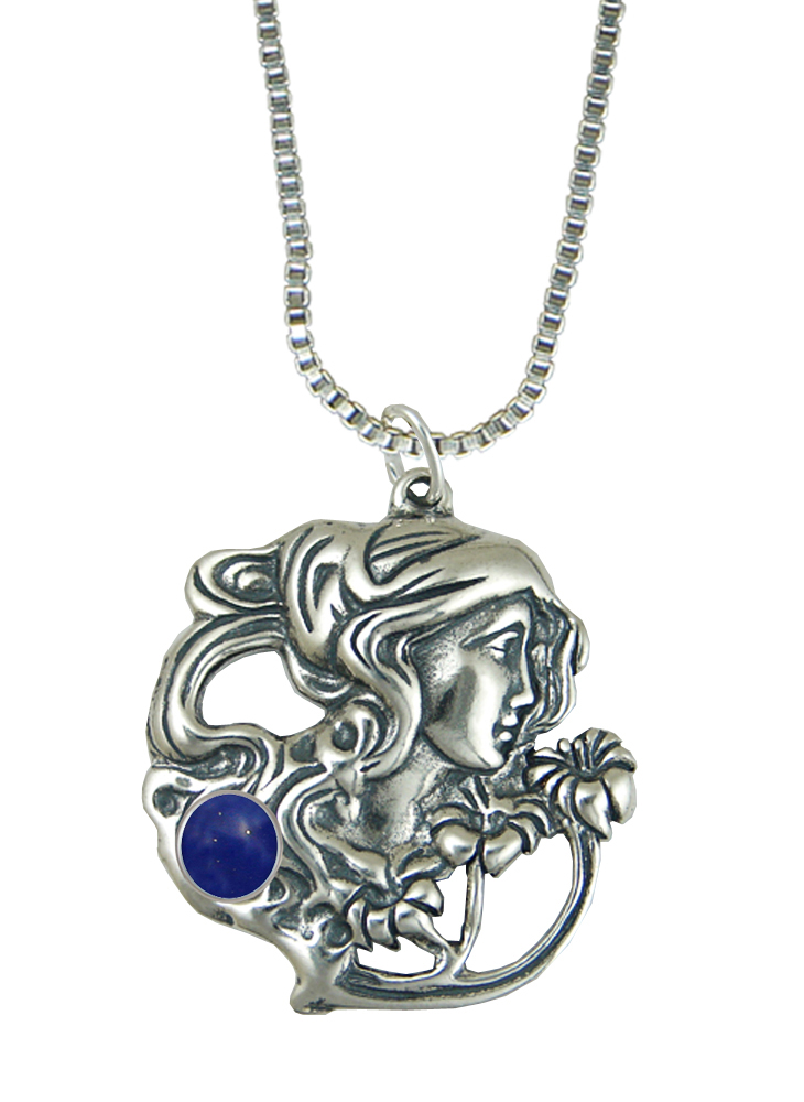 Sterling Silver Garden Woman Maiden Pendant With Lapis Lazuli